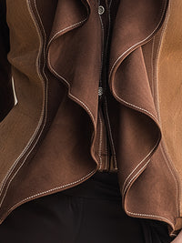 Two-Tone Suede Ruffle-Front Fitted Jacket