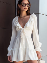 Ruffled V-Neck Mini Dress With Tie Detail