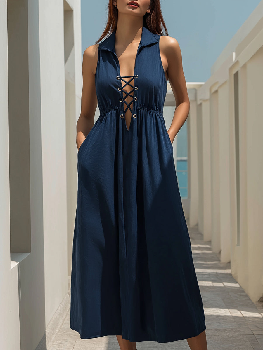 Lace-Up V-Neck Sleeveless Midi Dress