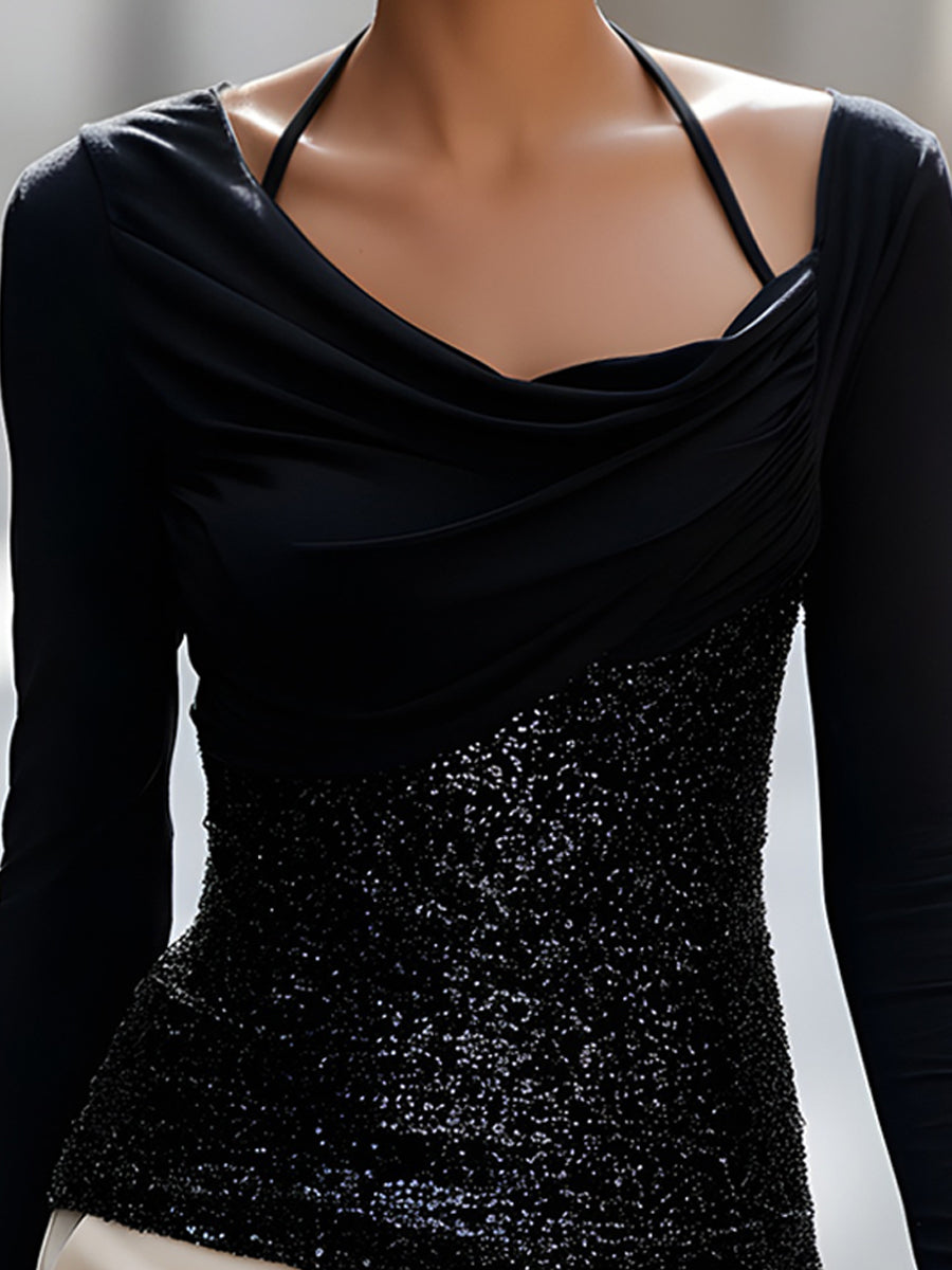 Draped Cowl-Neck Sequin Panel Long-Sleeve Top