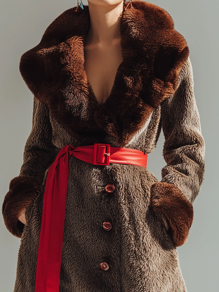 Faux Fur Longline Coat With Red Belt Accent
