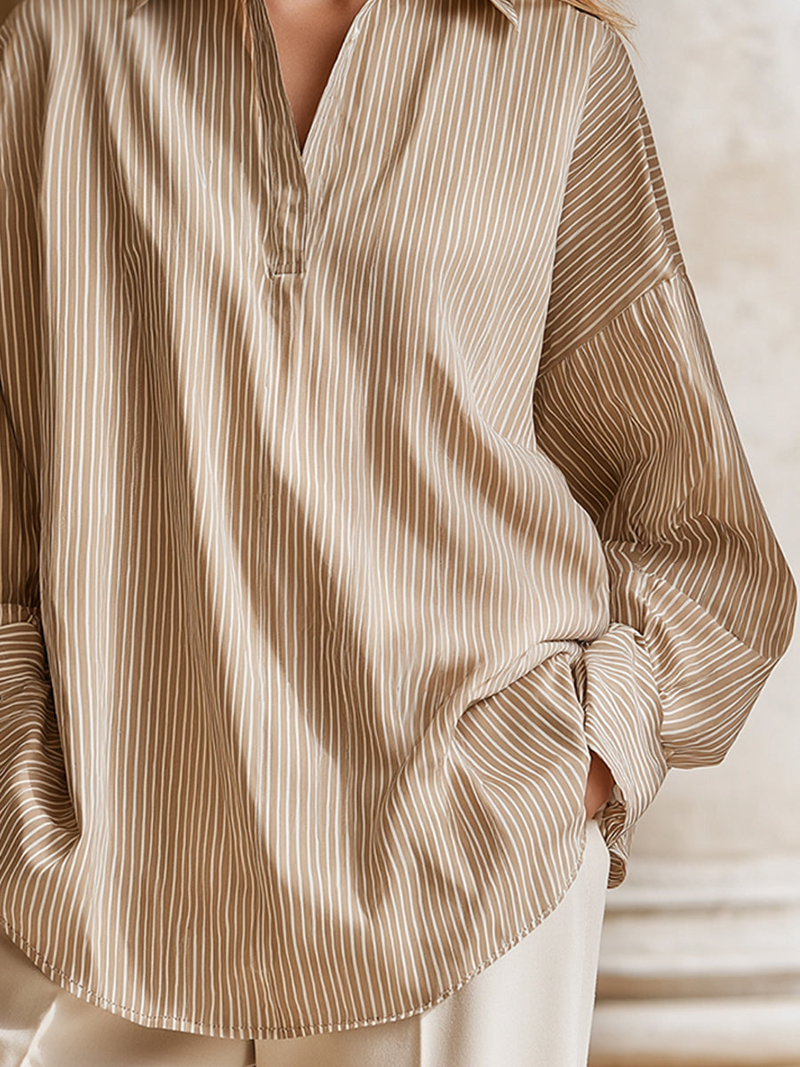 Relaxed V-Neck Pinstripe Long Sleeve Blouse