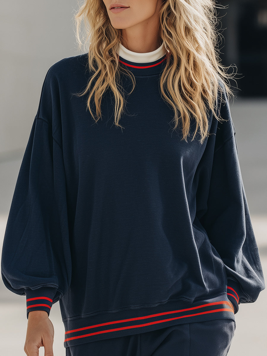 Modern Navy Puff-Sleeve Knit Sweatshirt