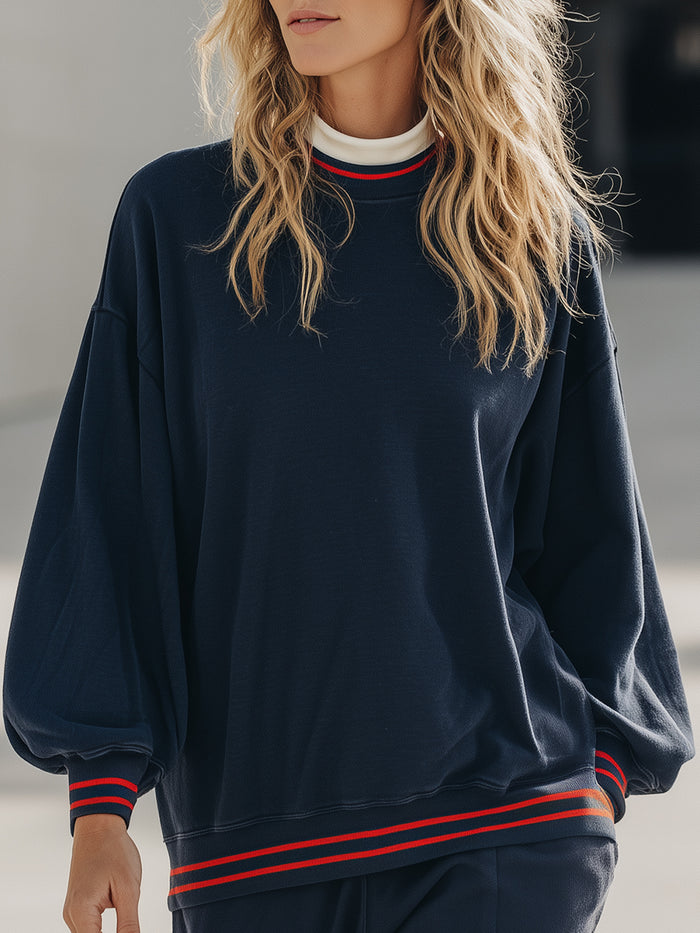 Modern Navy Puff-Sleeve Knit Sweatshirt