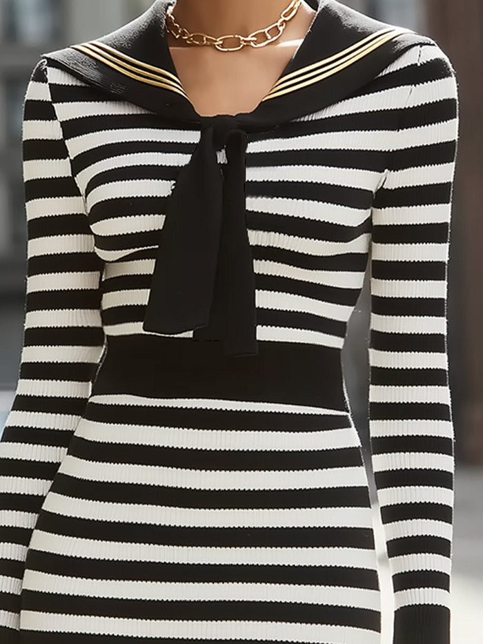 Striped Knit Midi Dress With Sailor Collar