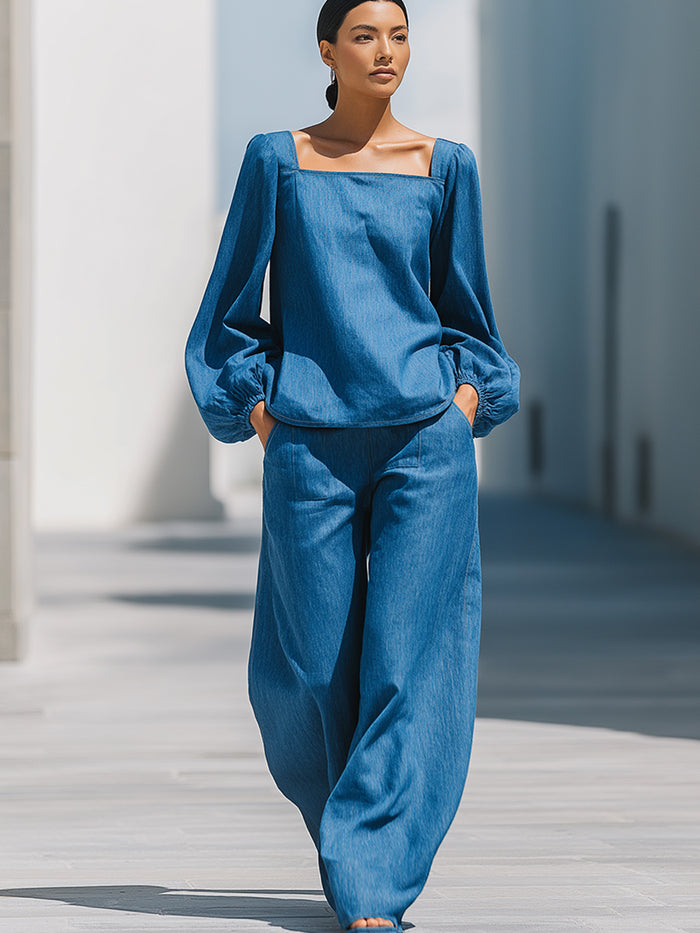 Square-Neck Denim Blouse And Wide-Leg Pants Set