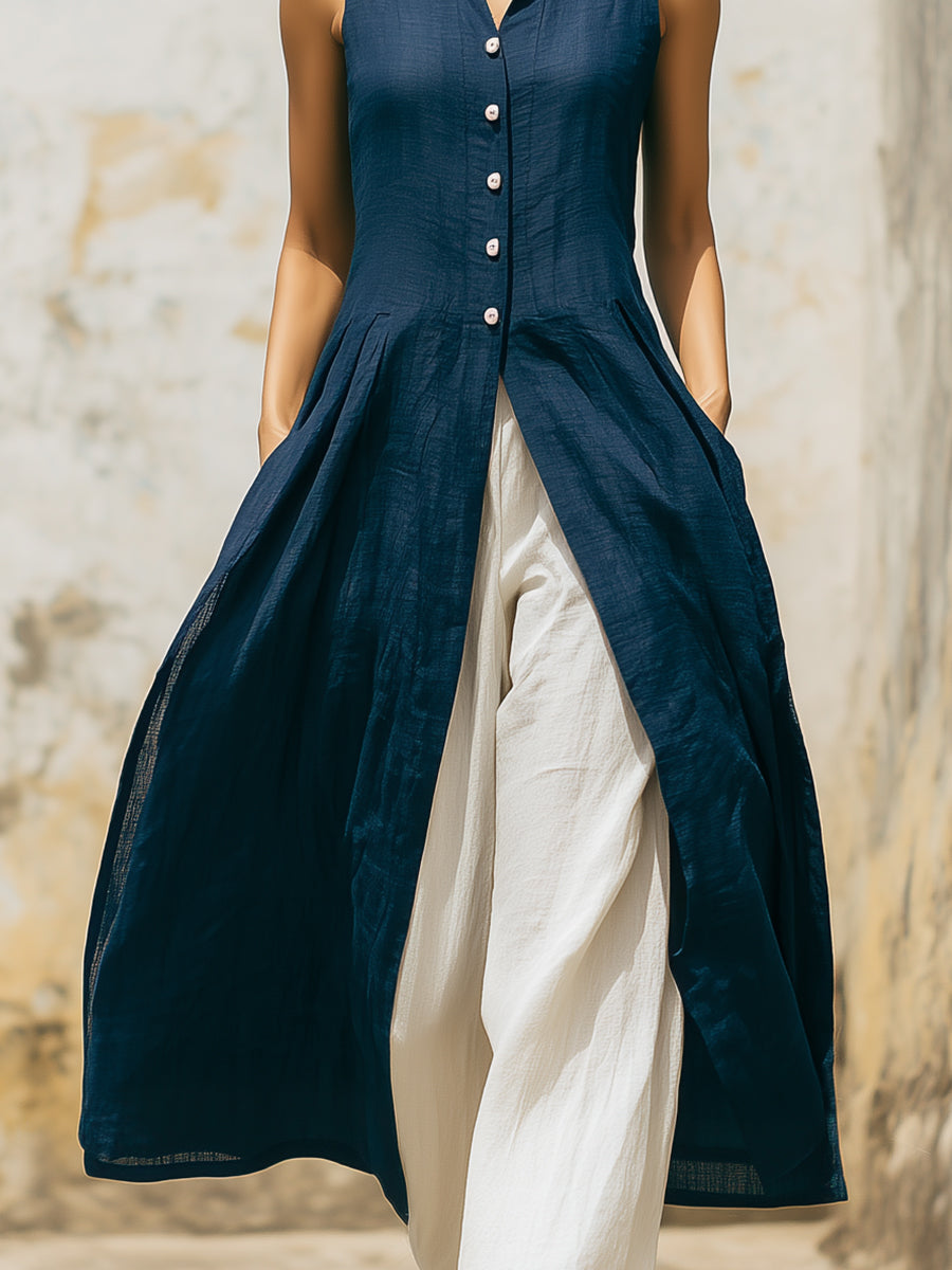 Women’s Sleeveless Linen Blend Long Vest Dress – Button Front Casual Elegant Maxi Tunic