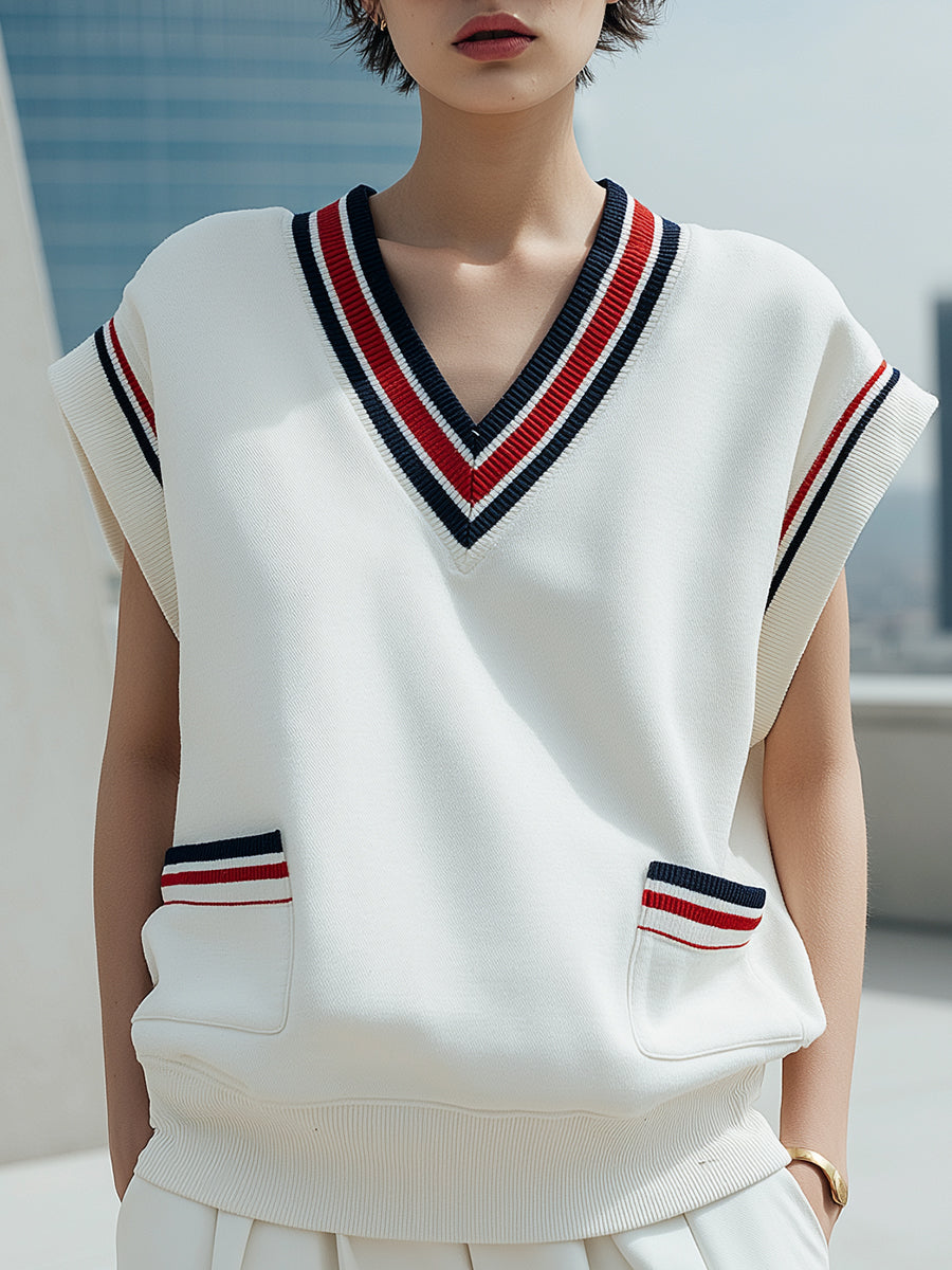 V-Neck Knit Vest With Tricolor Stripe Details