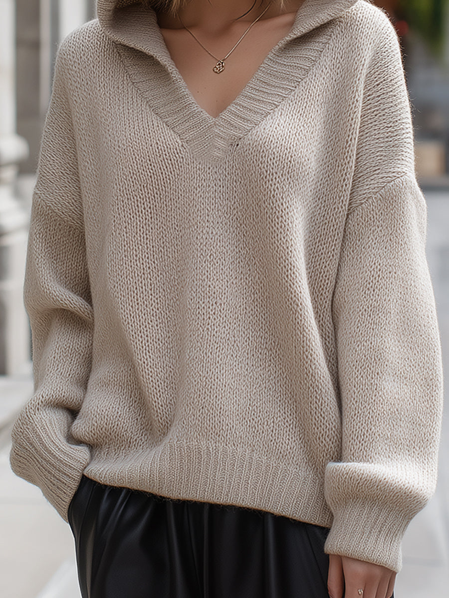 Beige Knit Hoodie Sweater With Deep V-Neck