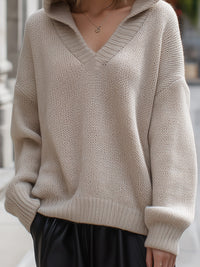 Beige Knit Hoodie Sweater With Deep V-Neck