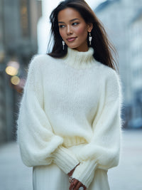 Ivory Fluffy Knit Turtleneck Sweater