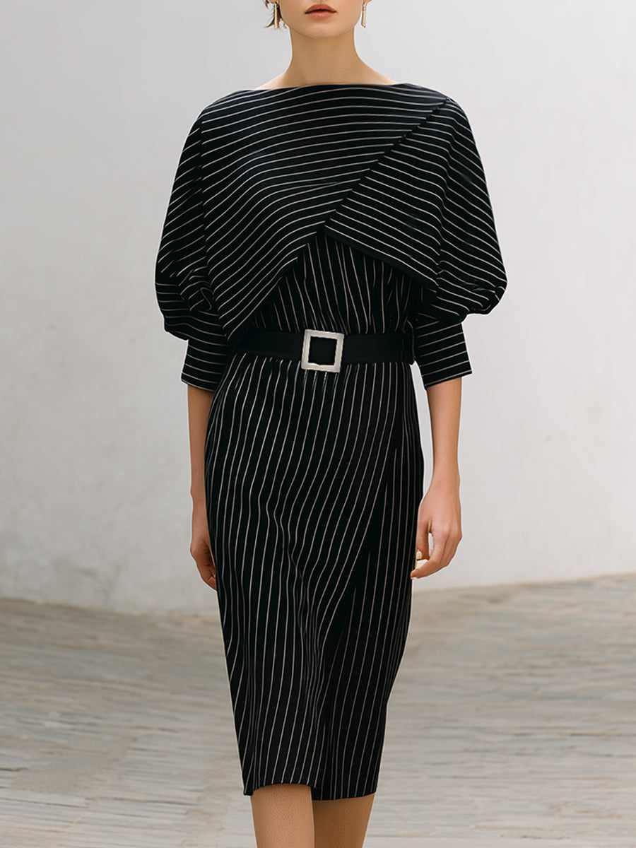 Asymmetrical Pinstripe Belted Midi Sheath Dress
