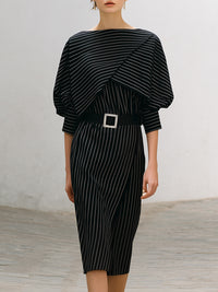 Asymmetrical Pinstripe Belted Midi Sheath Dress