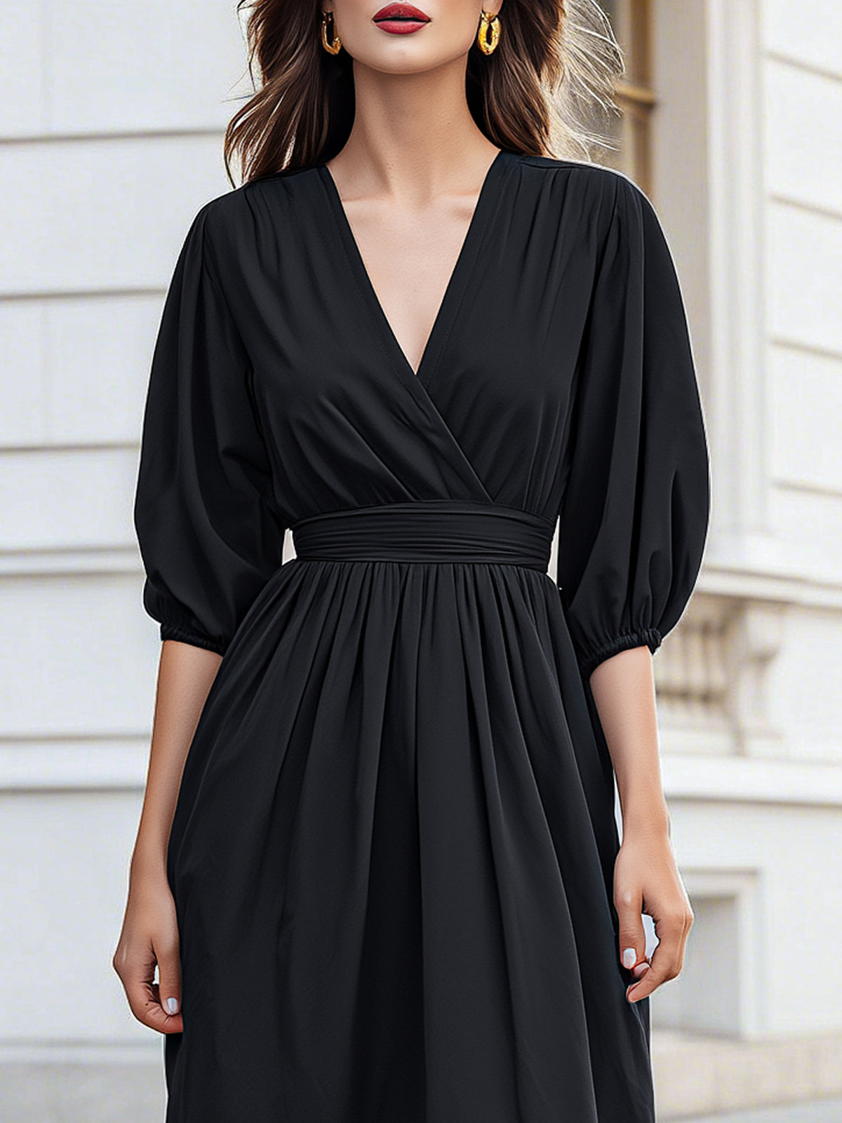 Puff-Sleeve Draped Midi Dress