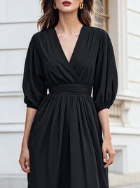 Puff-Sleeve Draped Midi Dress