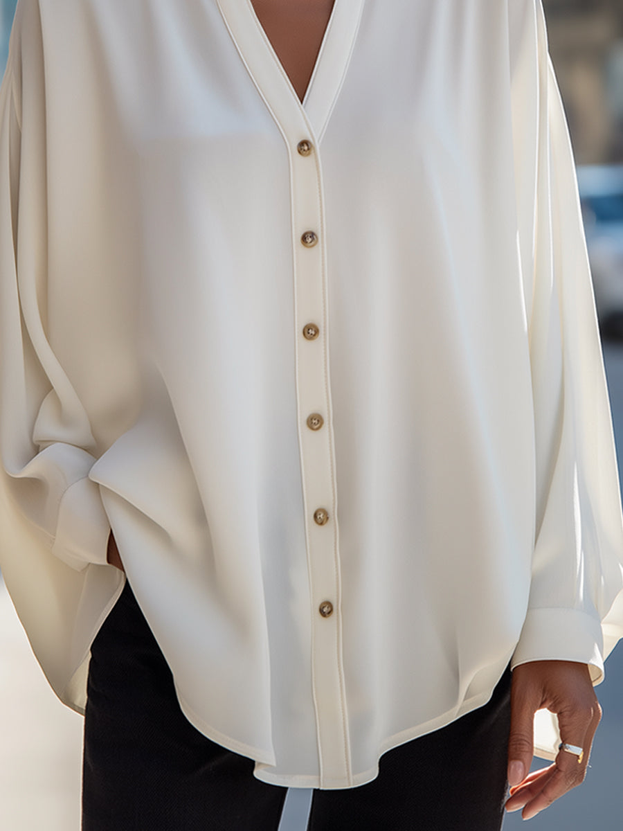 Relaxed V-Neck Button Front Blouse