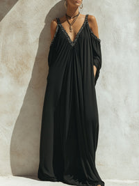 Embellished Cold-Shoulder Flowing Maxi Dress