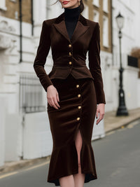 Velvet Tailored Jacket And Flared Hem Skirt Set With Gold Buttons