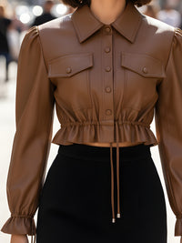 Cropped Faux Leather Shirt With Drawstring Waist