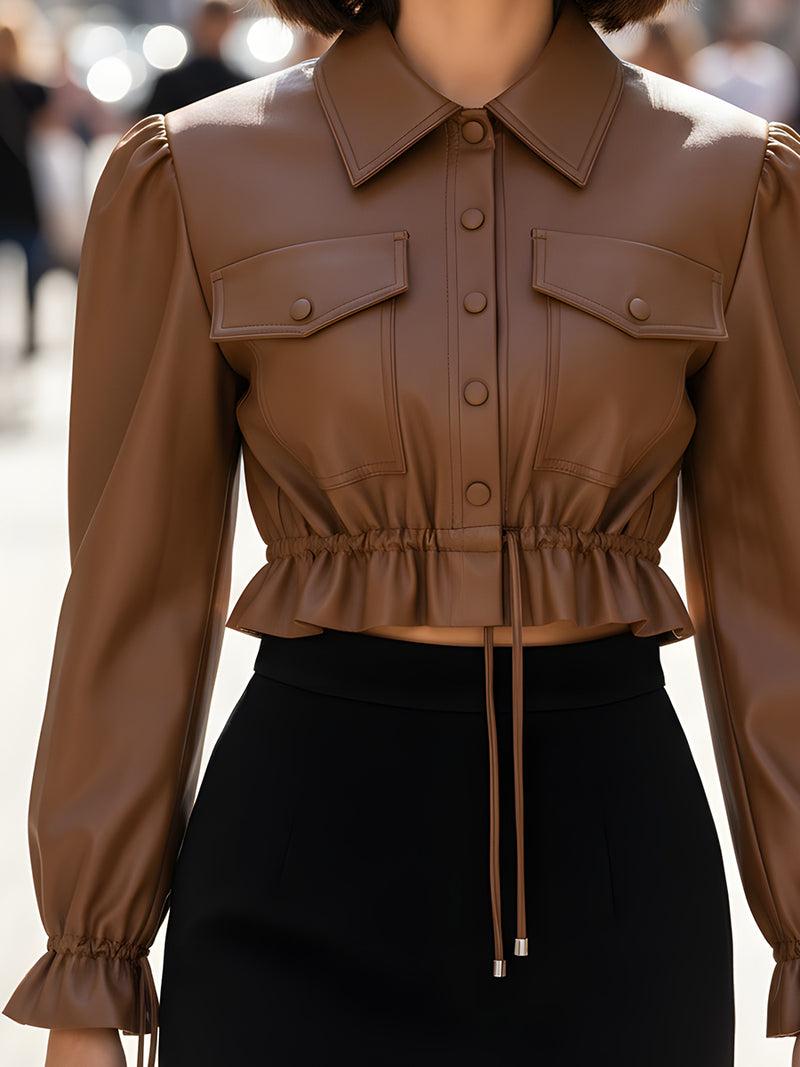 Cropped Faux Leather Shirt With Drawstring Waist