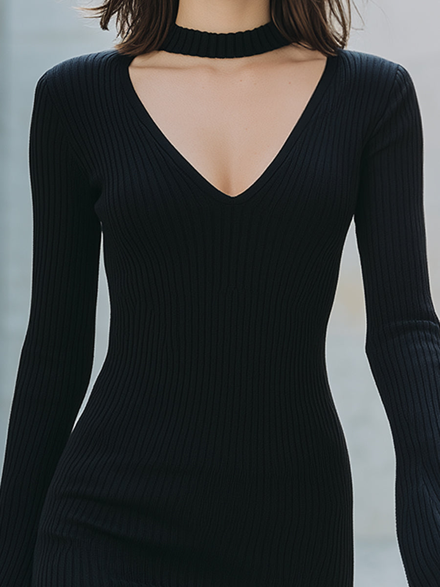 Black Ribbed Choker V-Neck Bell-Sleeve Bodycon Mini Dress