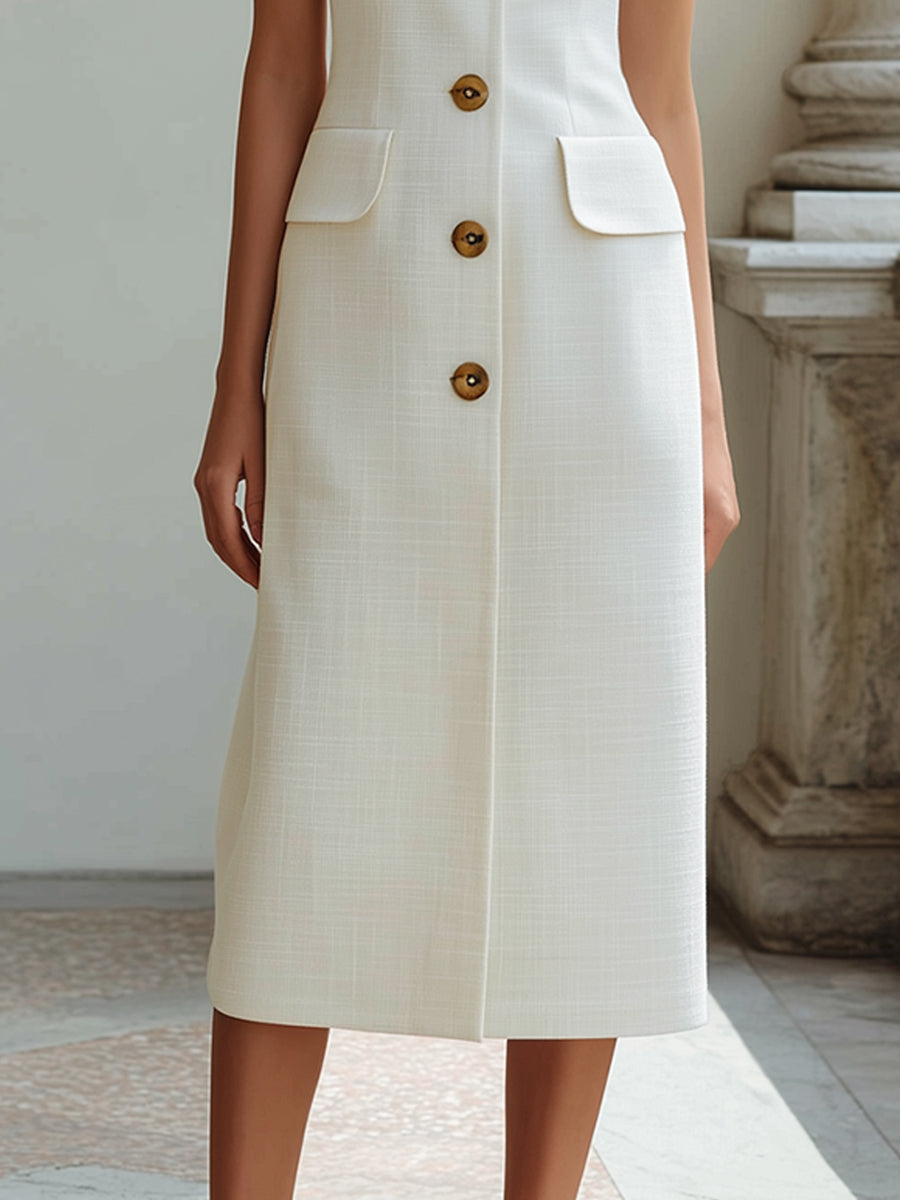 Square Neck Button-Front Sleeveless Midi Dress