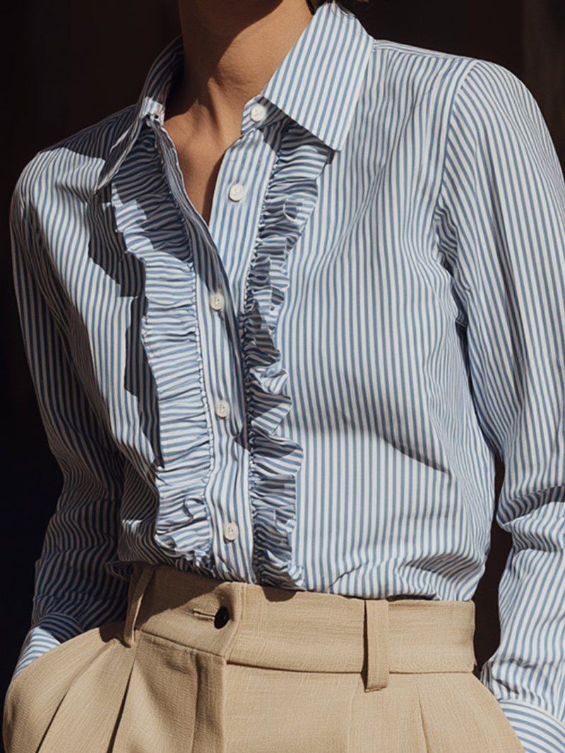 Striped Ruffle Trim Button-Down Blouse