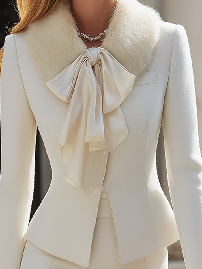 Elegant White Wool-Blend Skirt Suit With Fur Collar And Silk Bow