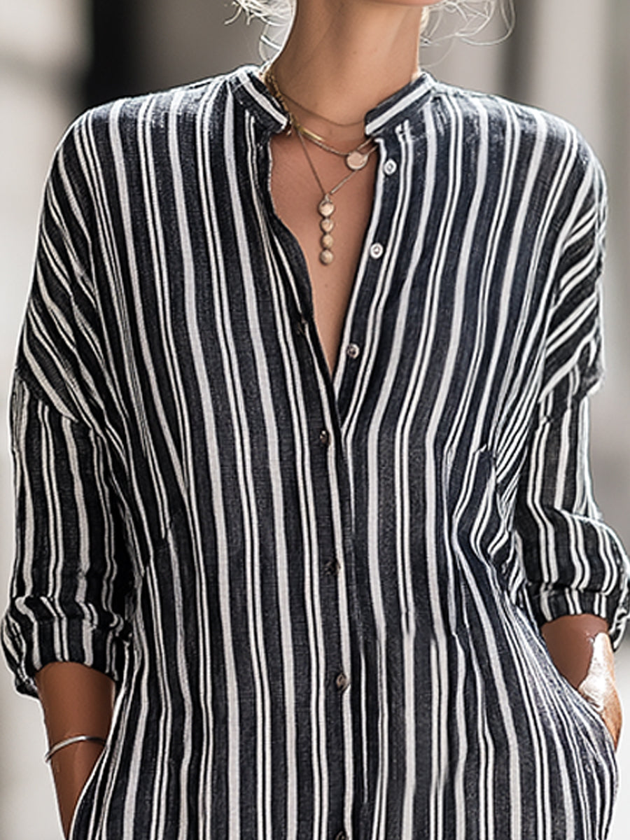 Relaxed Vertical Stripe Button-Front Midi Shirt Dress