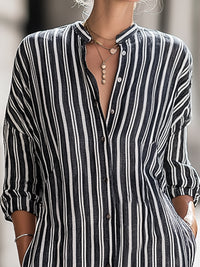 Relaxed Vertical Stripe Button-Front Midi Shirt Dress