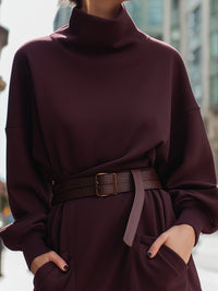 Burgundy Turtleneck Belted Sweatshirt Dress
