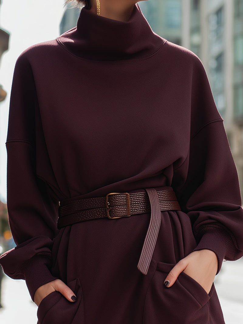 Burgundy Turtleneck Belted Sweatshirt Dress