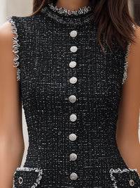 Sleeveless High-Neck Tweed Mini Dress With Silver Buttons