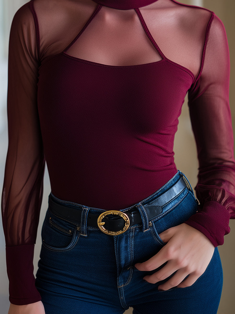 Sheer Mesh High-Neck Long Sleeve Top In Burgundy