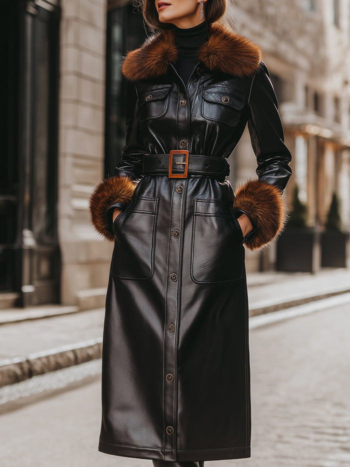Black Faux Leather Coat With Fur Trim