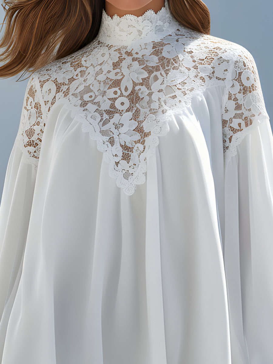 High-Neck Lace Yoke Chiffon Blouse With Flared Sleeves