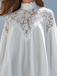 High-Neck Lace Yoke Chiffon Blouse With Flared Sleeves