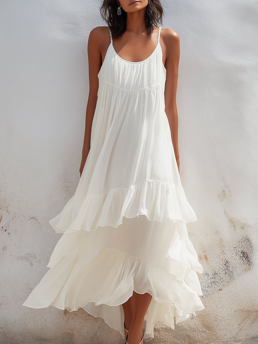 Layered Ruffle Hem Spaghetti Strap Midi Dress