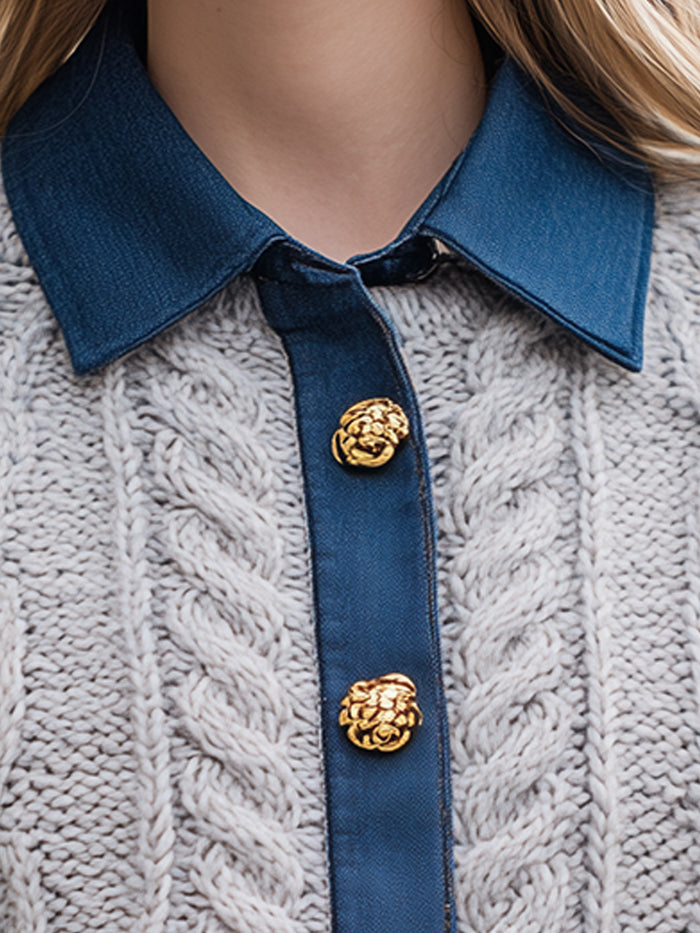 Cable Knit Cardigan With Denim Trim And Gold Statement Buttons