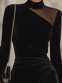 Velvet Asymmetrical Dress With Sheer Detail