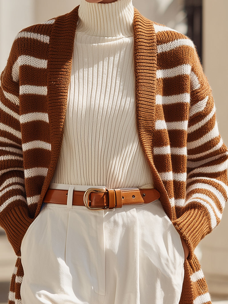 Brown And White Striped Open-Front Knit Cardigan