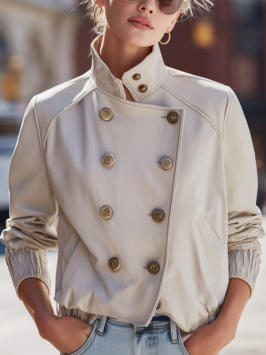 Ivory Cropped Double-Breasted Leather Jacket
