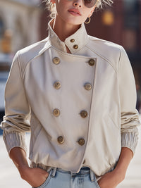 Ivory Cropped Double-Breasted Leather Jacket