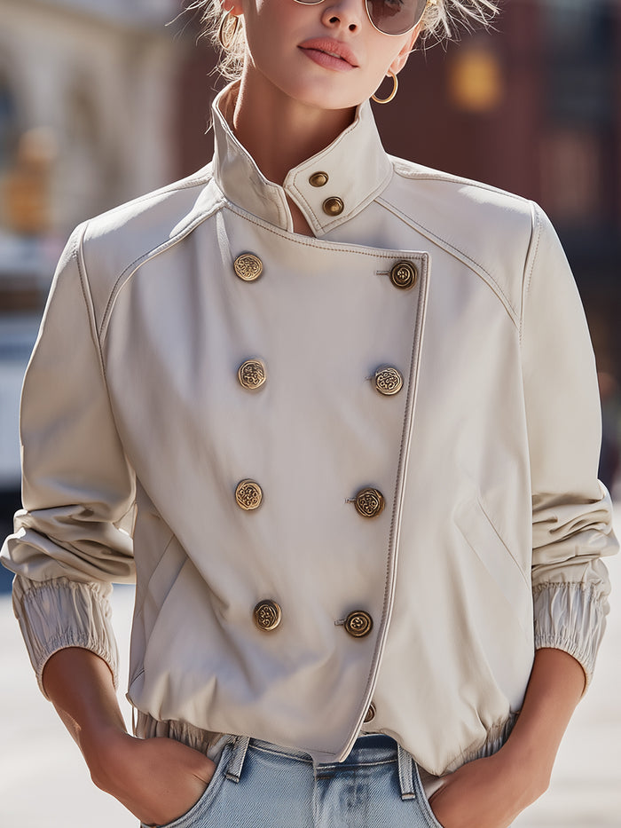 Ivory Cropped Double-Breasted Leather Jacket