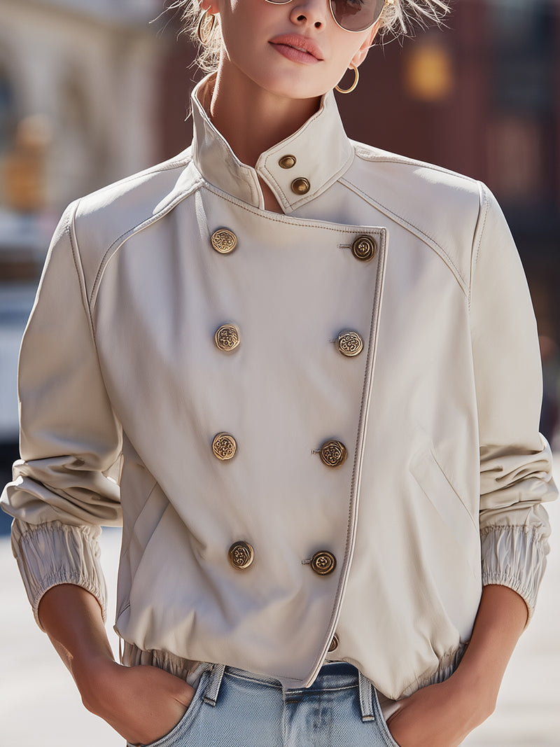 Ivory Cropped Double-Breasted Leather Jacket