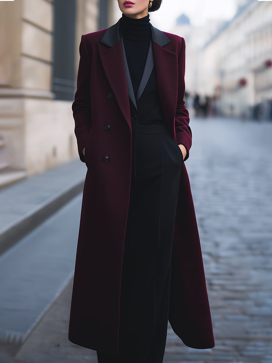 Burgundy Wool-Blend Longline Coat With Contrast Lapels