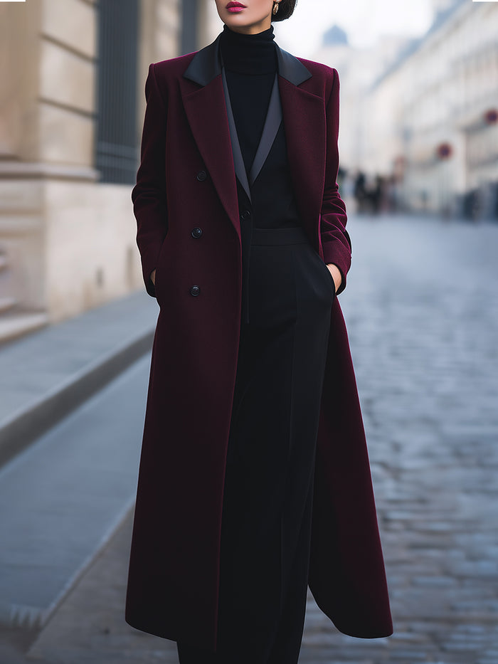 Burgundy Wool-Blend Longline Coat With Contrast Lapels