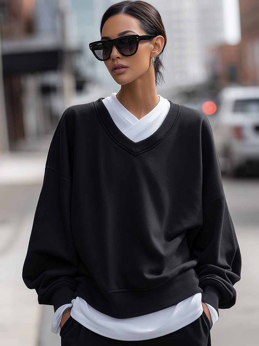 Black V-neck Layered Loose Knit Two-Piece Set