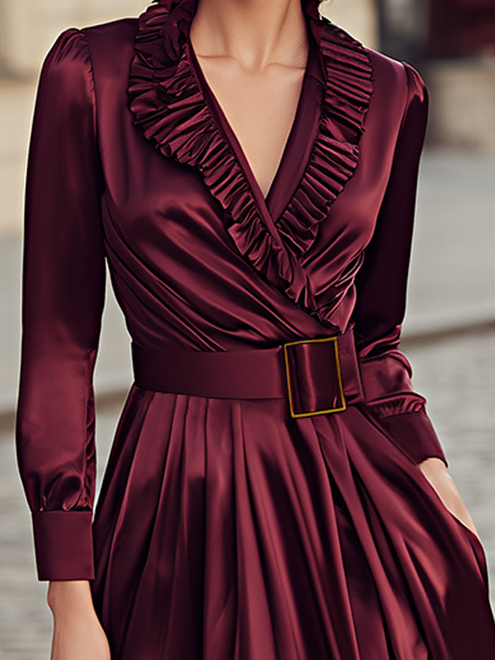 Satin Ruffle-Collar Maxi Dress