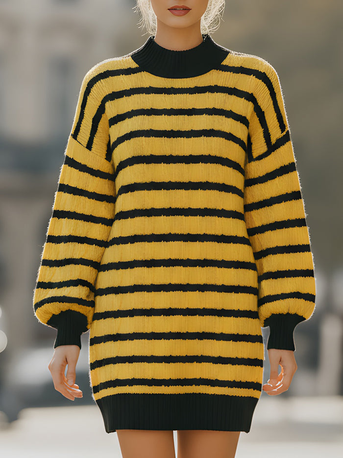 Yellow And Black Striped Textured Knit Sweater Dress